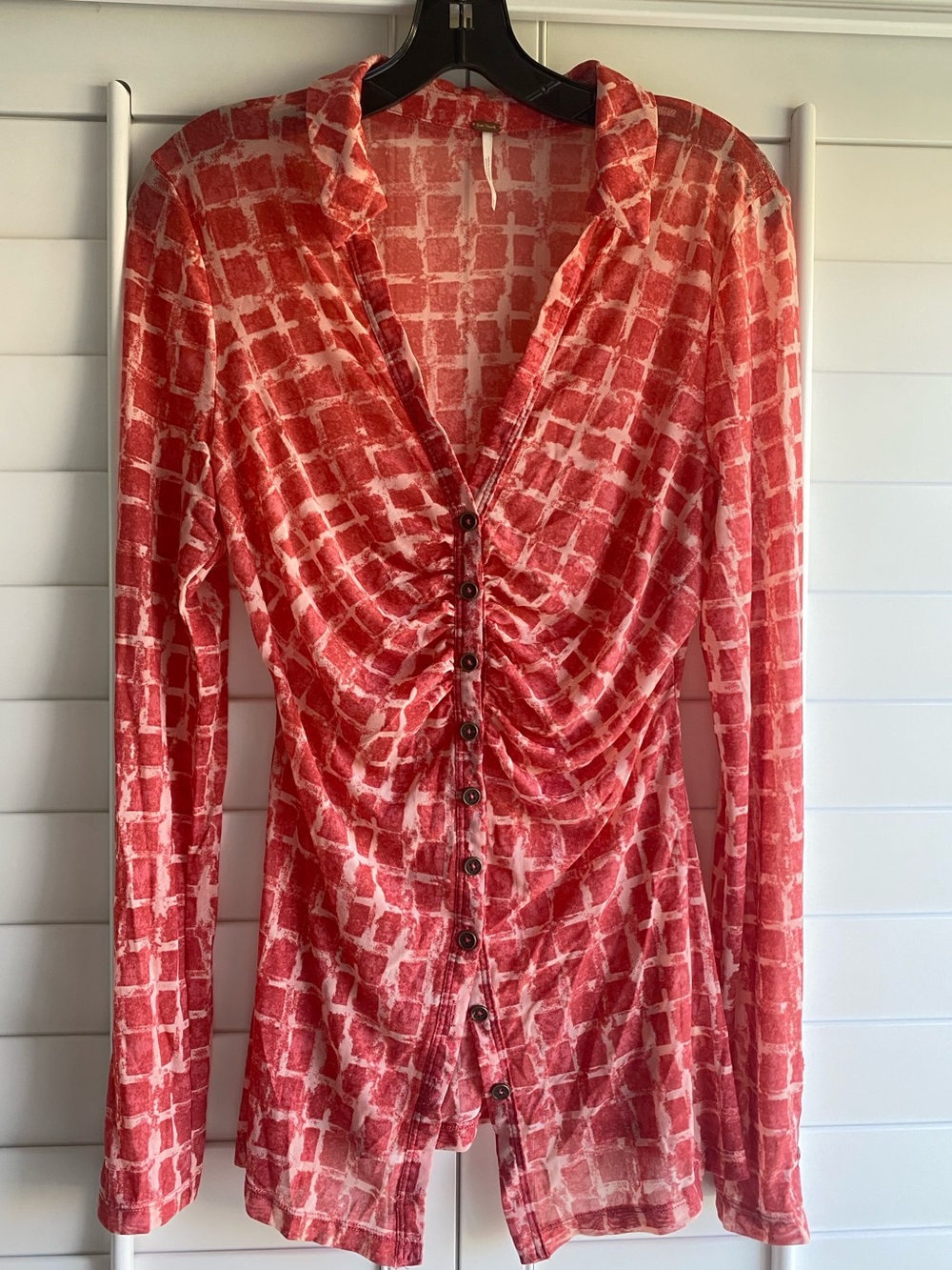 Free People Lucky Shirtee Mesh Ruched Coral Abstract Print Medium